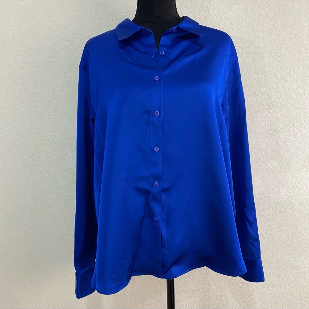 NWT Calvin Klein Cobalt Blue Satin Button Down Shirt Blouse XL Long Sleeve